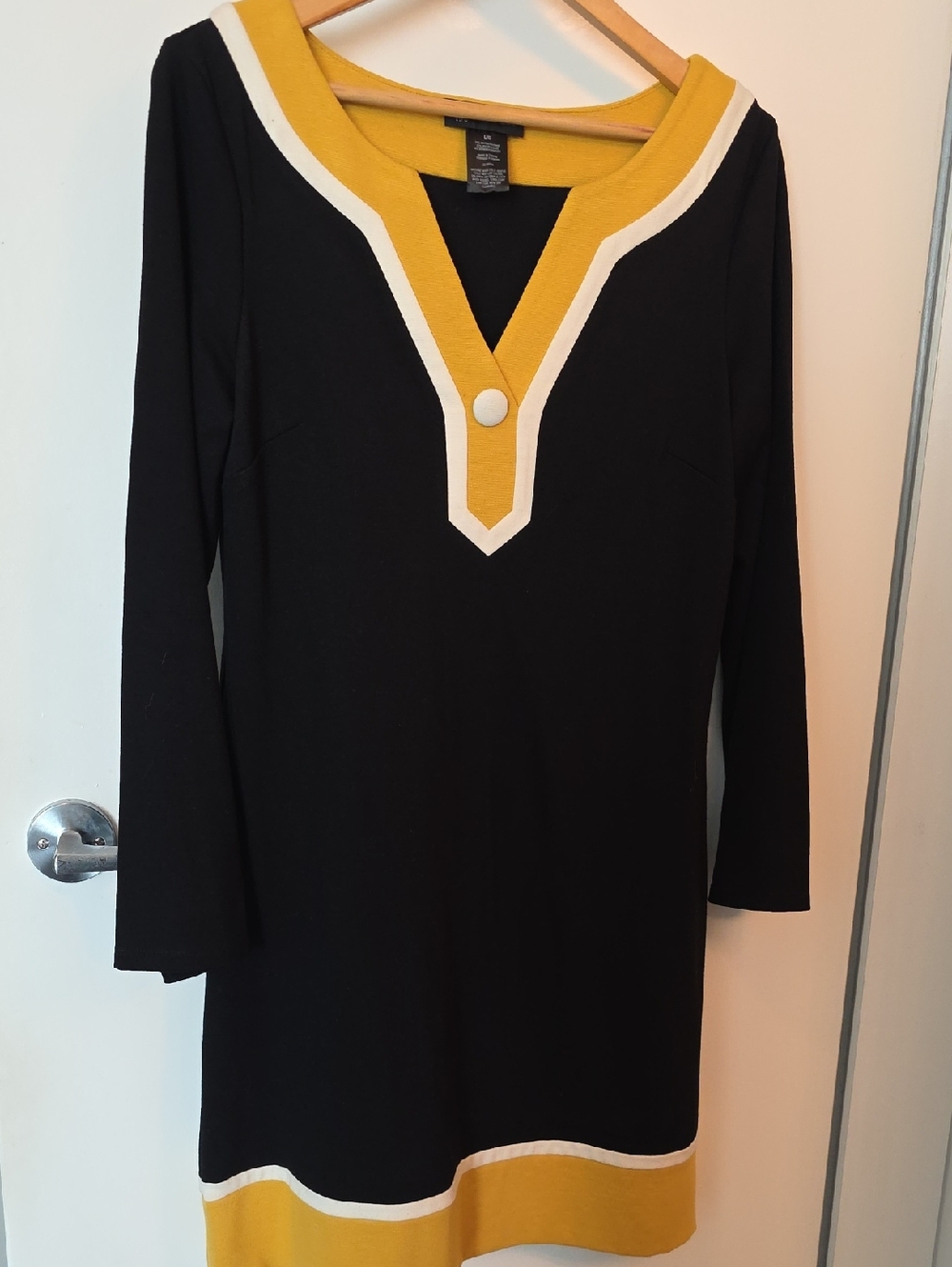 INC International Concepts Black Long Sleeve Dress with Mustard & Cream Trim